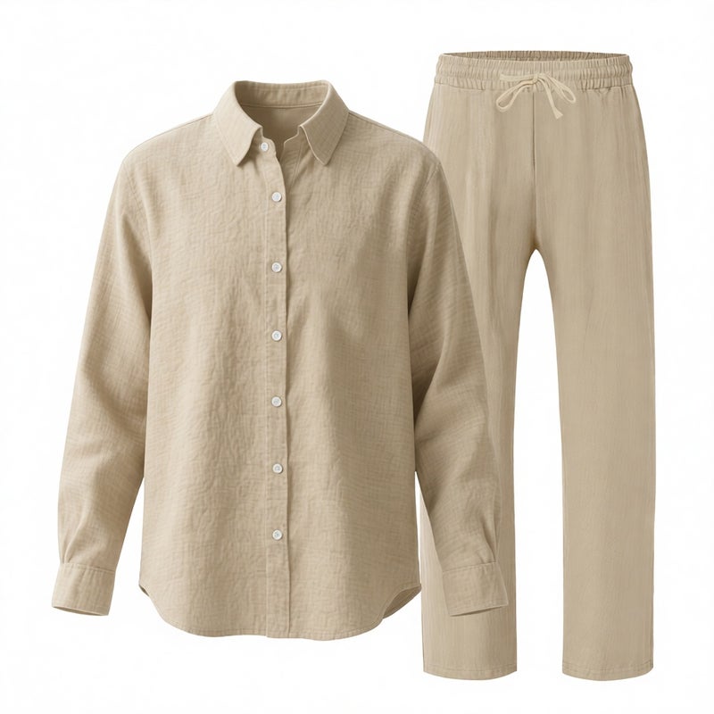Men's Linen Shirt and Pants Set Casual Beach Lounge Suit Lightweight Long Sleeve - Image 2