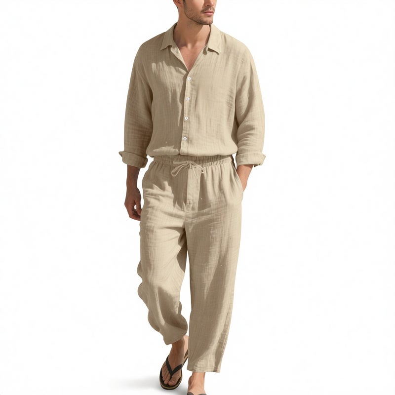 Men's Linen Shirt and Pants Set Casual Beach Lounge Suit Lightweight Long Sleeve - Image 1