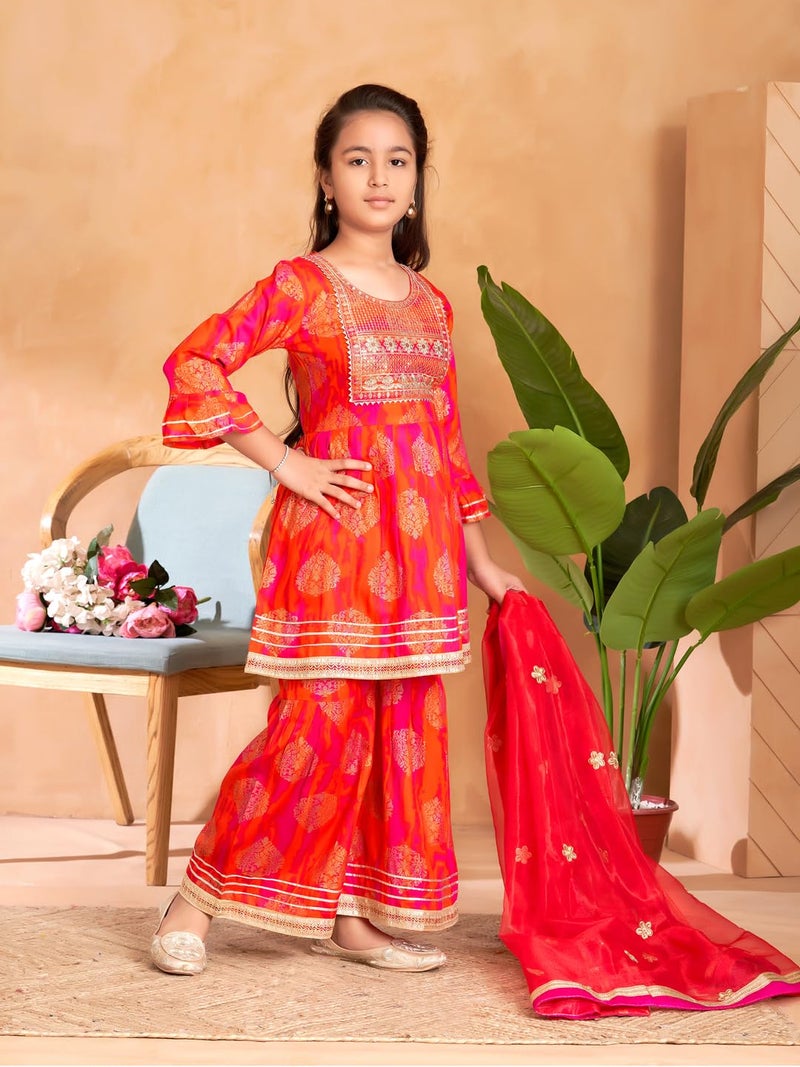 aarikka Aarika Girls Ethnic Wear Orange Colour Sequin Thread Embroidery Kurti Sharara Set-(5-15 Years)-(SH-TR-K-1077-ORANGE-24) - Image 2