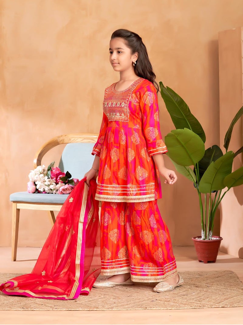 aarikka Aarika Girls Ethnic Wear Orange Colour Sequin Thread Embroidery Kurti Sharara Set-(5-15 Years)-(SH-TR-K-1077-ORANGE-24) - Image 3
