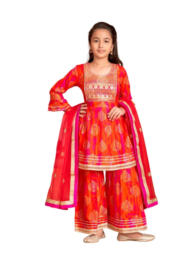 aarikka Aarika Girls Ethnic Wear Orange Colour Sequin Thread Embroidery Kurti Sharara Set-(5-15 Years)-(SH-TR-K-1077-ORANGE-24) - Image 1