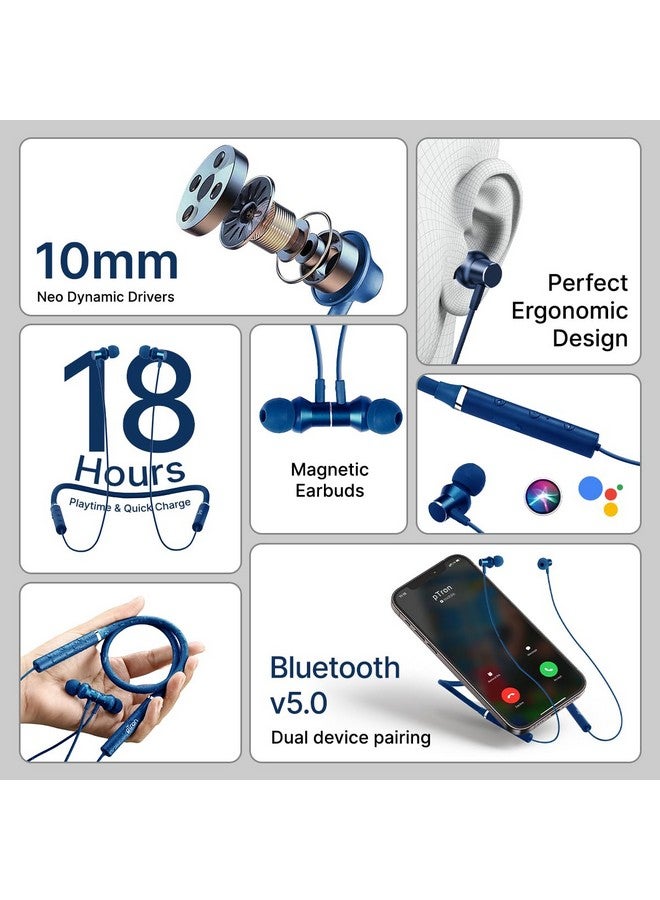 PTron pTron Tangentbeat in-Ear Bluetooth Wireless Headphones with Mic, Punchy Bass, 10mm Drivers, Clear Calls, Dual Pairing, Fast Charging, Magnetic Buds, Voice Assist & IPX4 Wireless Neckband (Dark Blue)  - Image 2