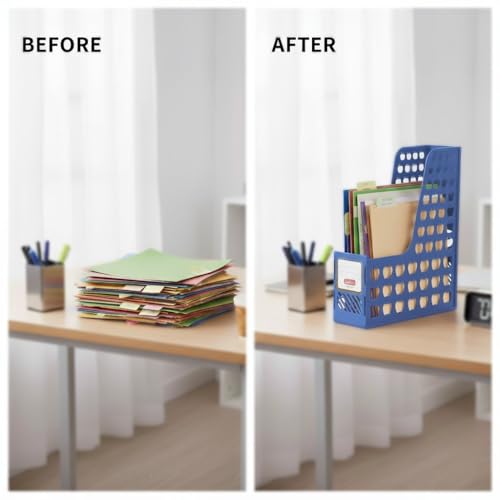 SOLDTRUE Office Desktop Organizer Book Document Storage Rack File Holder Folding Paper File Rack (Plastic Rack, Blue) - Image 2