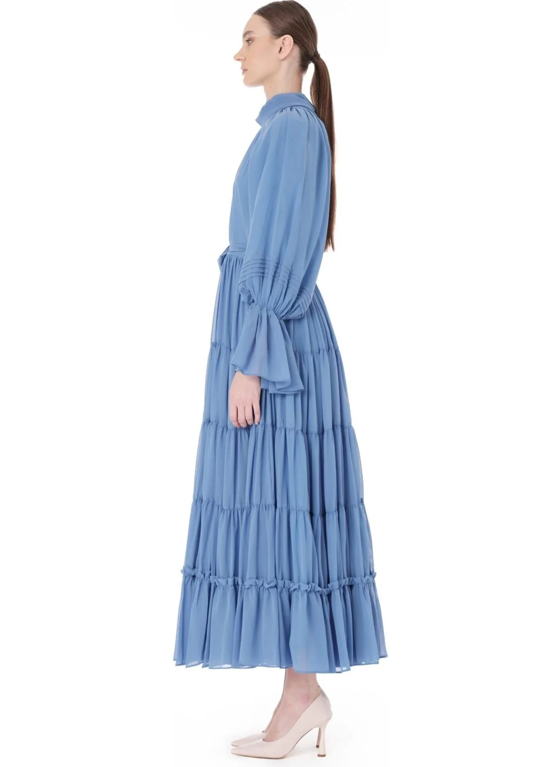 Miha Layered Pleated Long Dress Blue