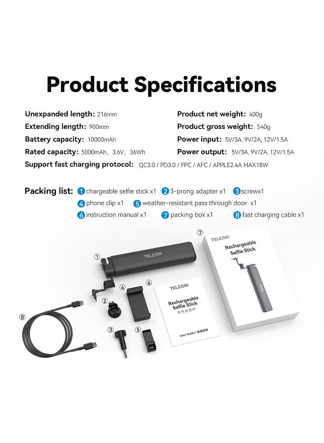 TELESIN - TELESIN  TE-CSS-001 Rechargeable Selfie Stick QC/PD3.0 fast charging Power Selfie Stick 90CM Telescoping Selfie Pole with 1/4 Inch Screw - Image 1