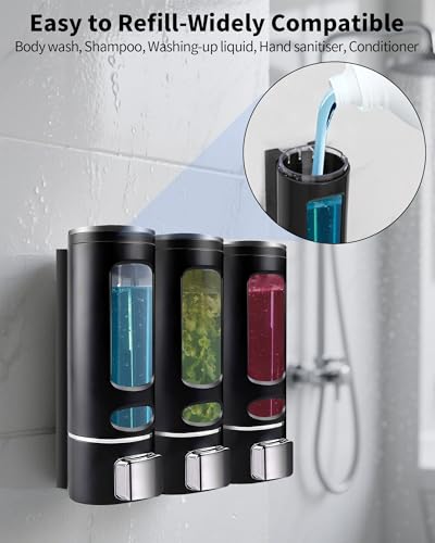 WUKUR Shampoo and Conditioner Dispenser - 1200ML Wall-Mounted Shower Shampoo Dispenser 3 Chamber No Drill Body Wash Soap Dispenser for Shower, Bathroom, Hotel - Image 4