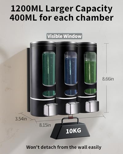 WUKUR Shampoo and Conditioner Dispenser - 1200ML Wall-Mounted Shower Shampoo Dispenser 3 Chamber No Drill Body Wash Soap Dispenser for Shower, Bathroom, Hotel - Image 2