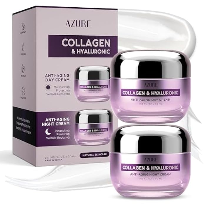 Azure Cosmetics Collagen & Hyaluronic Acid Face Moisturizer - Dermatologist Tested, Anti-Aging Cream for Fine Lines & Wrinkles - Ultra Hydrating Face Cream - Korean Skin Care - Day & Night Duo Set - Image 1