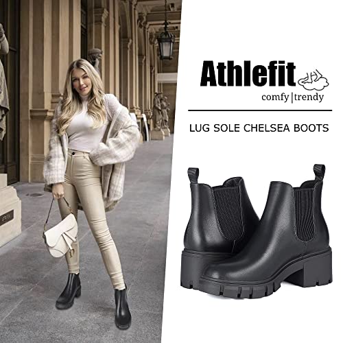 Athlefit Women's Chelsea Boots Fashion Lug Sole Chunky Heel Slip on Elastic Ankle Black Booties Size 7.5 - Image 2