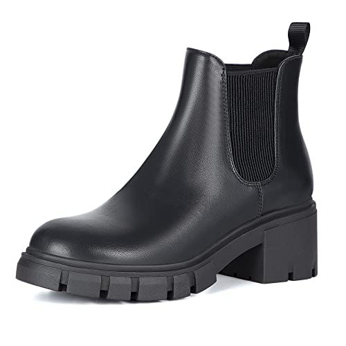 Athlefit Women's Chelsea Boots Fashion Lug Sole Chunky Heel Slip on Elastic Ankle Black Booties Size 7.5 - Image 1