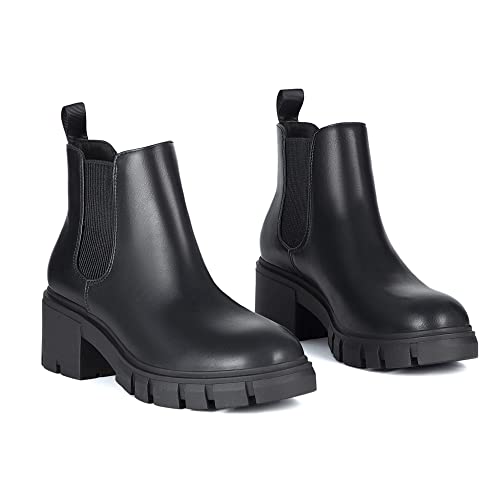 Athlefit Women's Chelsea Boots Fashion Lug Sole Chunky Heel Slip on Elastic Ankle Black Booties Size 7.5 - Image 5