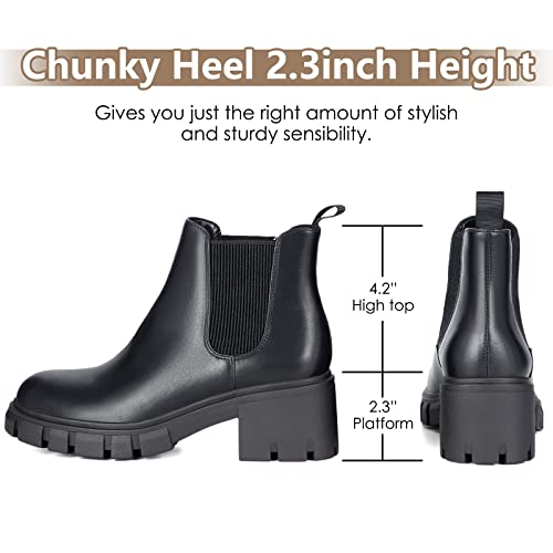 Athlefit Women's Chelsea Boots Fashion Lug Sole Chunky Heel Slip on Elastic Ankle Black Booties Size 7.5 - Image 3