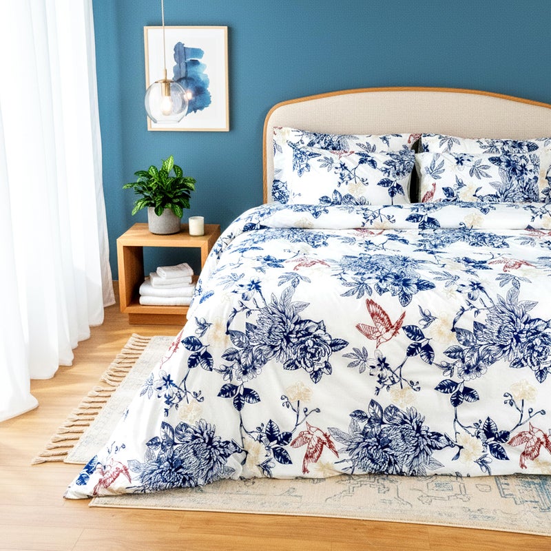 RUSTIQUE LINENS Premium 100% Cotton King Size Bedsheet Set(1 Flat Sheet & 2 Pillow Cases)| 200 TC | Vibrant Prints | Soft, Breathable & Durable Fabric |Blue Jay - Image 5