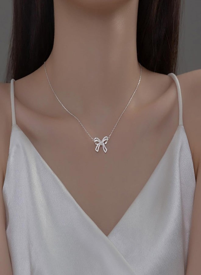 SLUYNZ Solid 925 Sterling Silver CZ Bow Choker Necklace for Women Teen Girls Bowknot Pendant Necklace (A-Sterling Silver) - Image 2