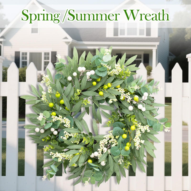 Gixie Home Eucalyptus Wreaths for Front Door Spring Summer Door Wreath with Olives Leaves, Mixed Berry for All Season Indoor Outdoor Farmhouse Home Porch Wall Window Festival Wedding Decor,20 Inch - Image 4