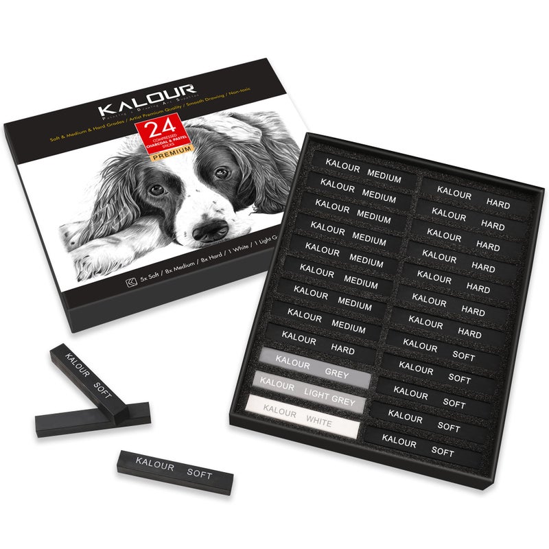 KALOUR 24 Pro Charcoal Drawing Set - Soft,Medium,Hard Charcoal and White Charcoal - Charcoal Sticks for Drawing Sketching Shading - Art Supplies Gift for Artists Beginners Adults - Image 1