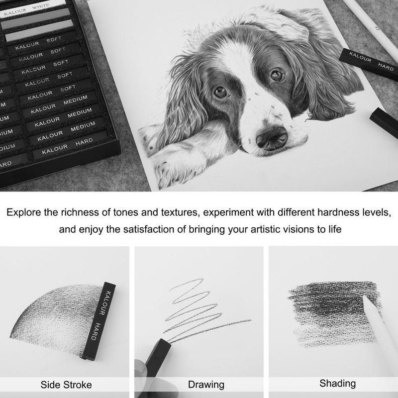 KALOUR 24 Pro Charcoal Drawing Set - Soft,Medium,Hard Charcoal and White Charcoal - Charcoal Sticks for Drawing Sketching Shading - Art Supplies Gift for Artists Beginners Adults - Image 5