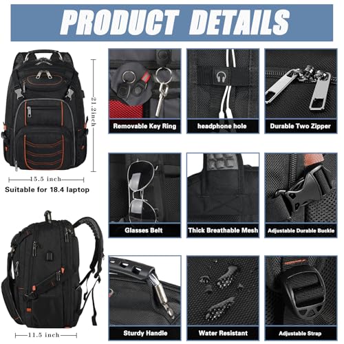SINVICKO 18.4 inch Laptop Backpack, Extra Large Travel Laptop Backpack with USB Charging Port, Big Capacity TSA Friendly RFID Anti Theft Pocket Heavy Duty Computer Bag for Men Women,21.2*15.5*11.5 inch Orange - Image 2