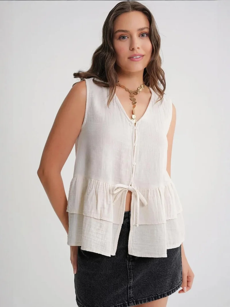 Mixray V-Neck Buttoned Cotton Blouse