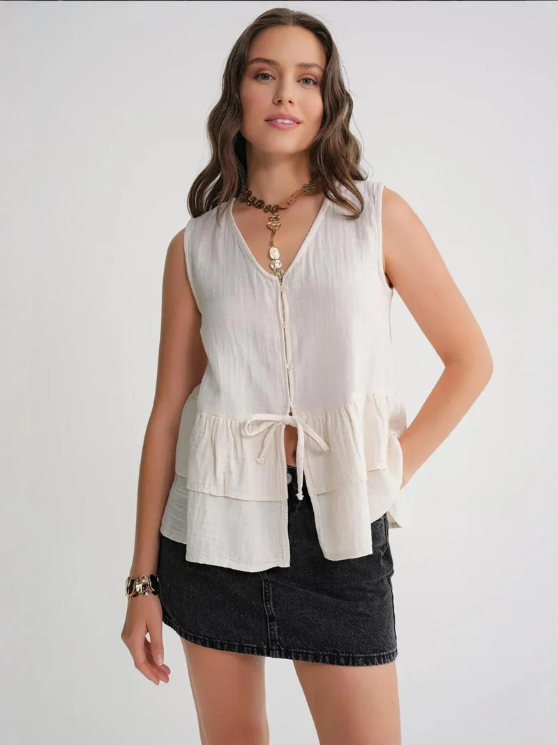 MixRay Natural Mixray V-Neck Buttoned Cotton Blouse for Women | Best Price UAE