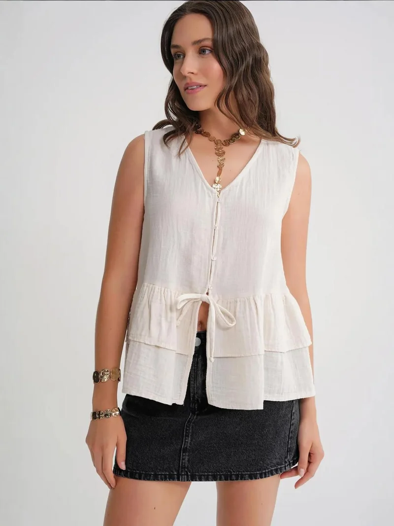 MixRay Natural Mixray V-Neck Buttoned Cotton Blouse for Women | Best Price UAE