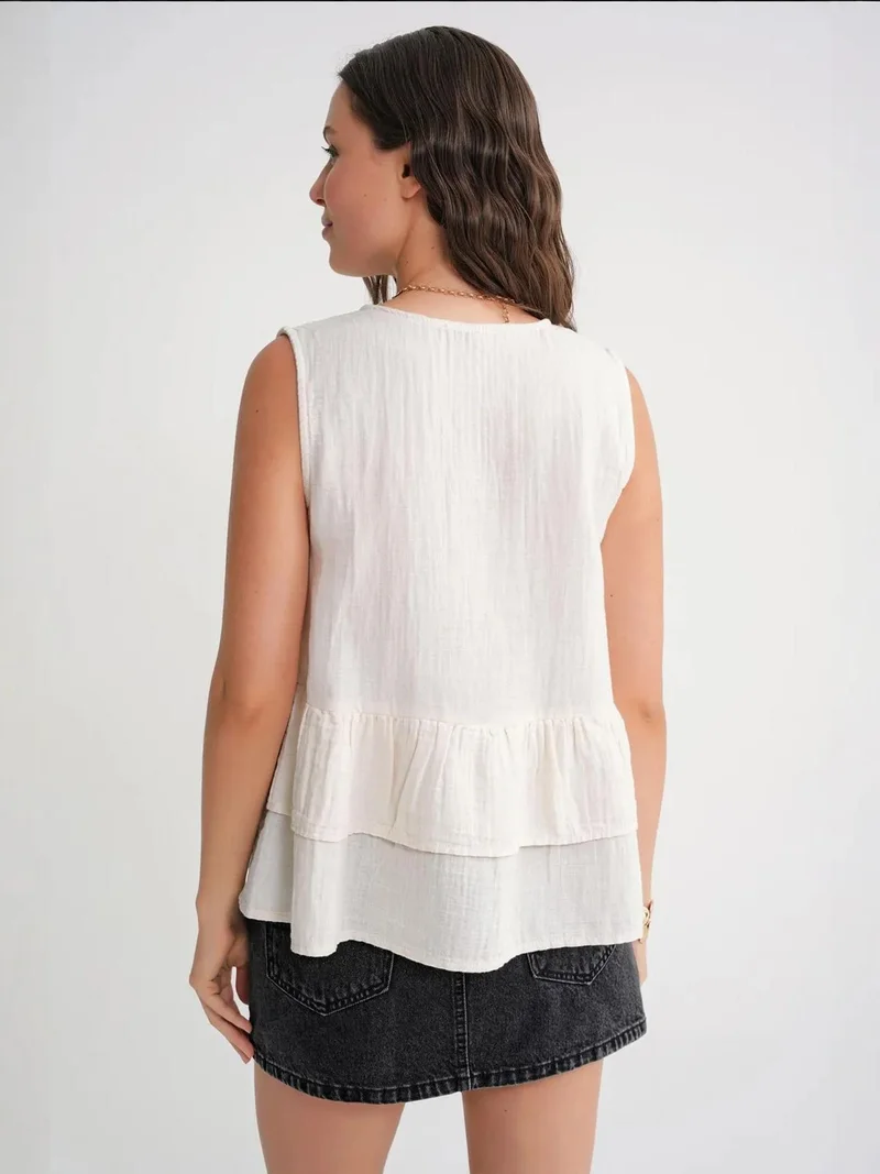 MixRay Natural Mixray V-Neck Buttoned Cotton Blouse for Women | Best Price UAE