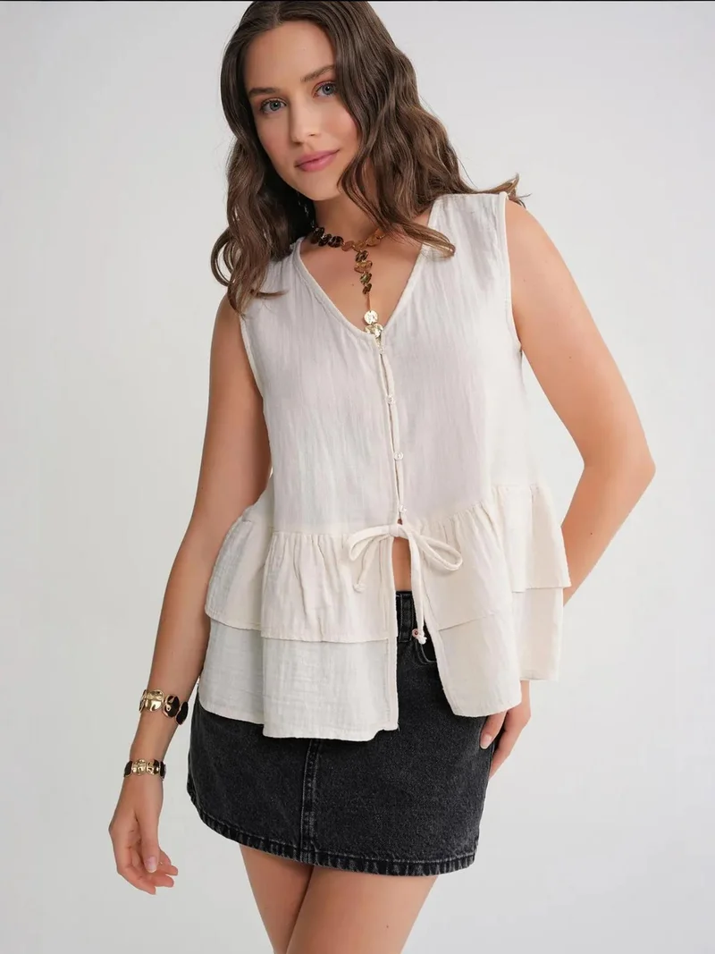MixRay Natural Mixray V-Neck Buttoned Cotton Blouse for Women | Best Price UAE