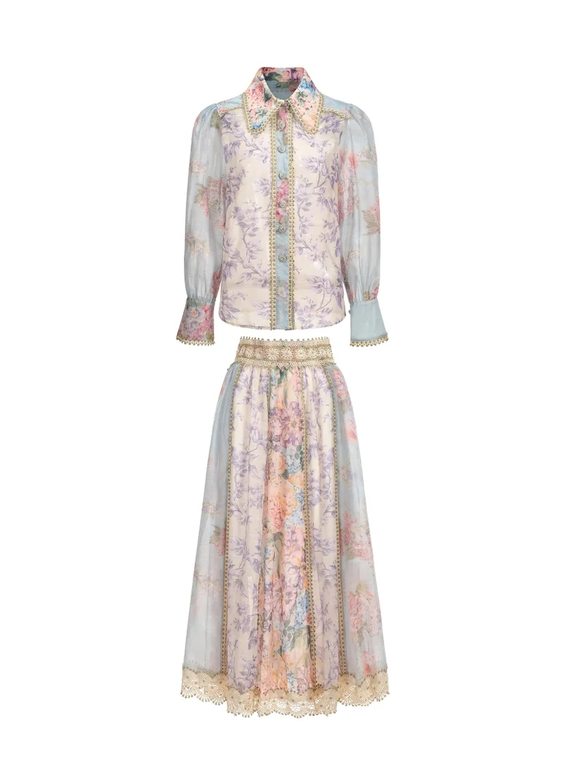 Bella Barnett Ruby Long Sleeve Floral Printed Lace Top And Skirt Two-Piece Set