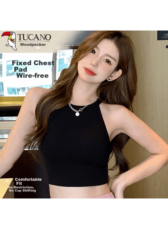 WOODPECKER Wood One-piece Cup Halter Neck Wearable Spring Summer Camisole With Chest Pad Black XL - Image 1