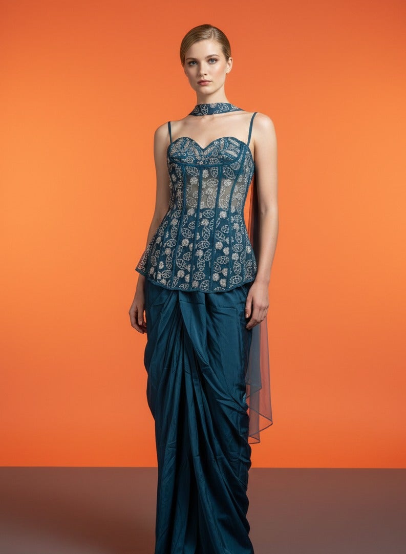 Green embroidered corset indo-western tulip skirt set with dupatta — Fusion wear | Lehar Clothing UAE