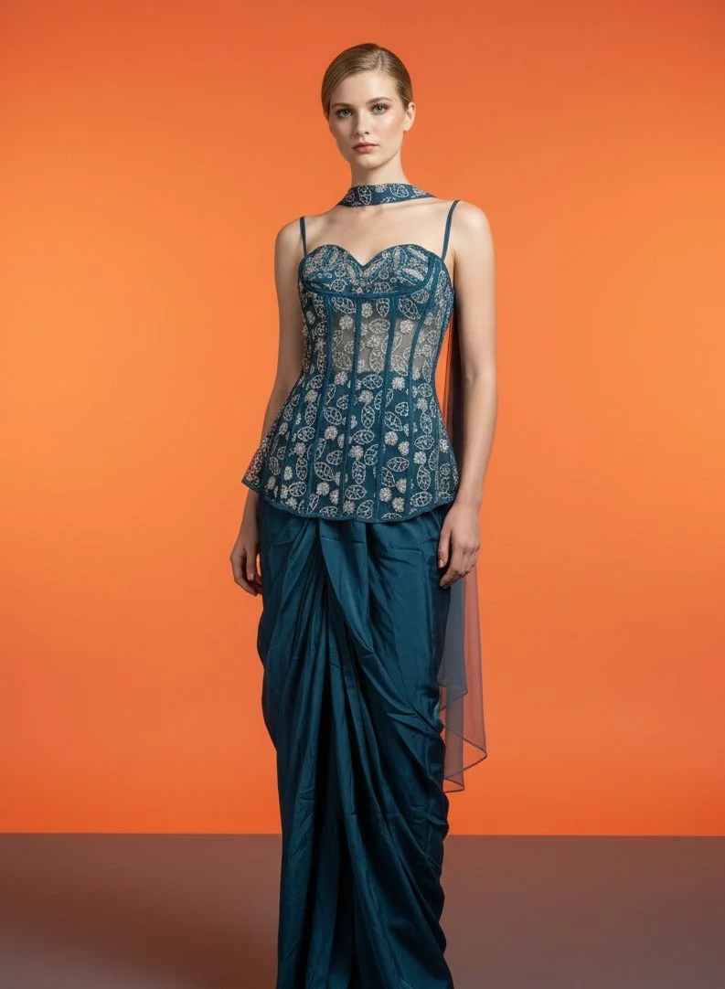 Lehar Green Embroidered Corset Indo-Western Tulip Skirt Set with Dupatta