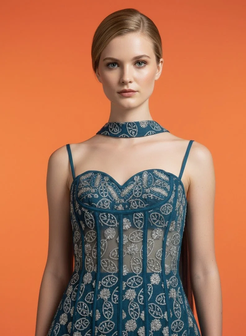 Lehar Green Embroidered Corset Indo-Western Tulip Skirt Set with Dupatta