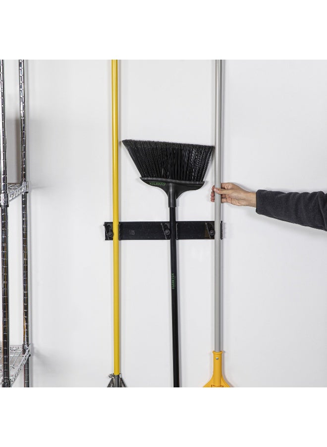 Restaurantware حامل مكنسة مثبت على الحائط بطول 17.7 بوصة، حامل ممسحة بتصميم قابل للتثبيت - 3 فتحات قابلة للتخصيص، مع براغي، حامل مكنسة بلاستيكي أسود، متين، للمطبخ، وغسيل الملابس، وأدوات الحديقة - Image 5