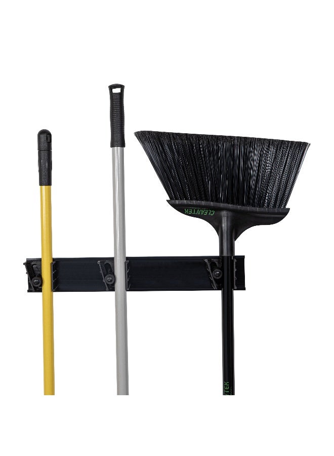 Restaurantware حامل مكنسة مثبت على الحائط بطول 17.7 بوصة، حامل ممسحة بتصميم قابل للتثبيت - 3 فتحات قابلة للتخصيص، مع براغي، حامل مكنسة بلاستيكي أسود، متين، للمطبخ، وغسيل الملابس، وأدوات الحديقة - Image 1