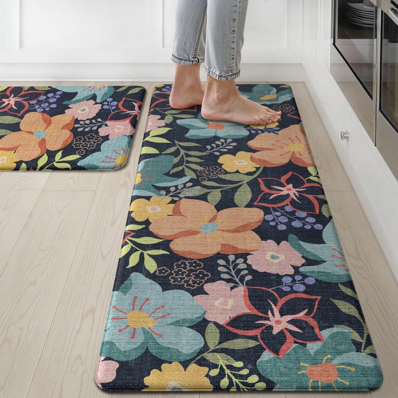 GENIMO Kitchen Mats for Floor 2PCS, Cushioned Kitchen Rugs Non Slip Washable, Farmhouse Anti Fatigue Mat Waterproof, Comfort Standing Mat Rug for Office, Home, Laundry, 17.3"x47"+17.3"x30", LightBlack - Image 1