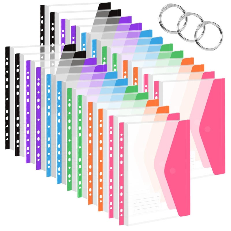 Surcotto 24 Pack Binder Folders with Pockets 11 Holes Expandable Dividers for 2/3/4 Ring Document Pouch with Snap Button & Label Loose-Leaf Transparent Binder Organizer for School Home Office(Side-Opening) - Image 1