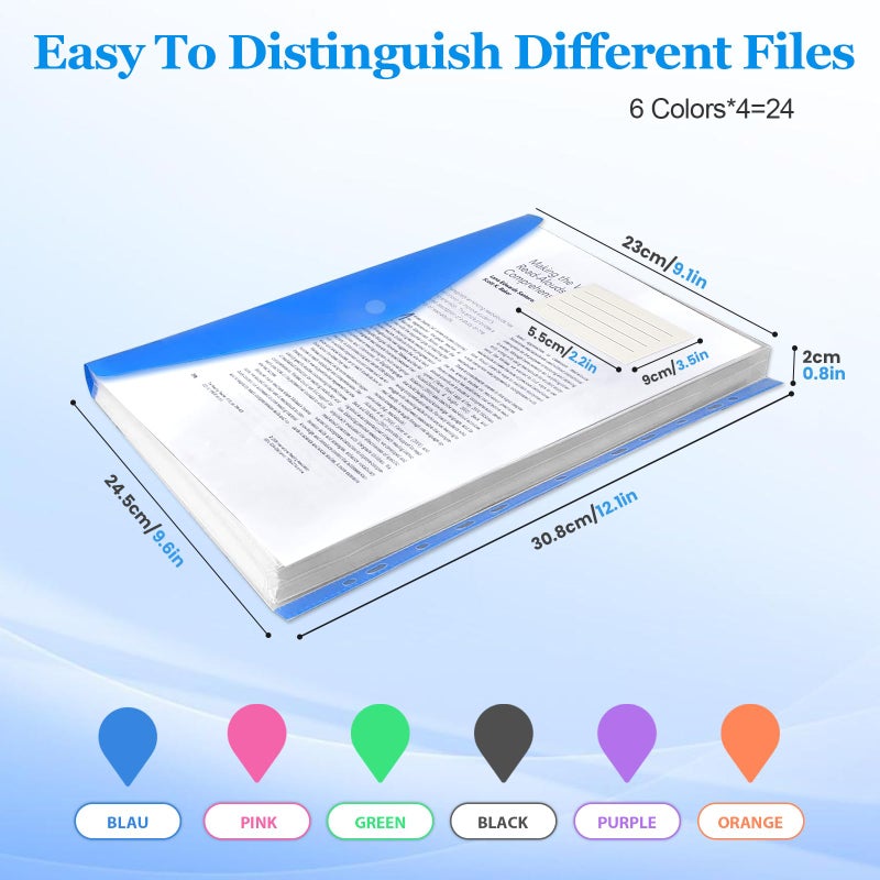 Surcotto 24 Pack Binder Folders with Pockets 11 Holes Expandable Dividers for 2/3/4 Ring Document Pouch with Snap Button & Label Loose-Leaf Transparent Binder Organizer for School Home Office(Side-Opening) - Image 3