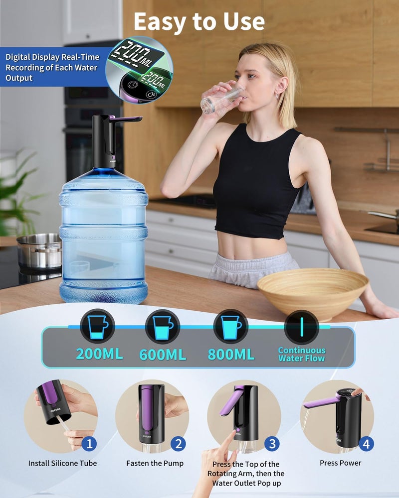 Eopora Automatic Water Dispenser Pump for 20 Litre Bottle, 1200Mah Battery USB Rechargeable Electric Foldable Water Can Dispenser for Home Office, Purple - Image 3