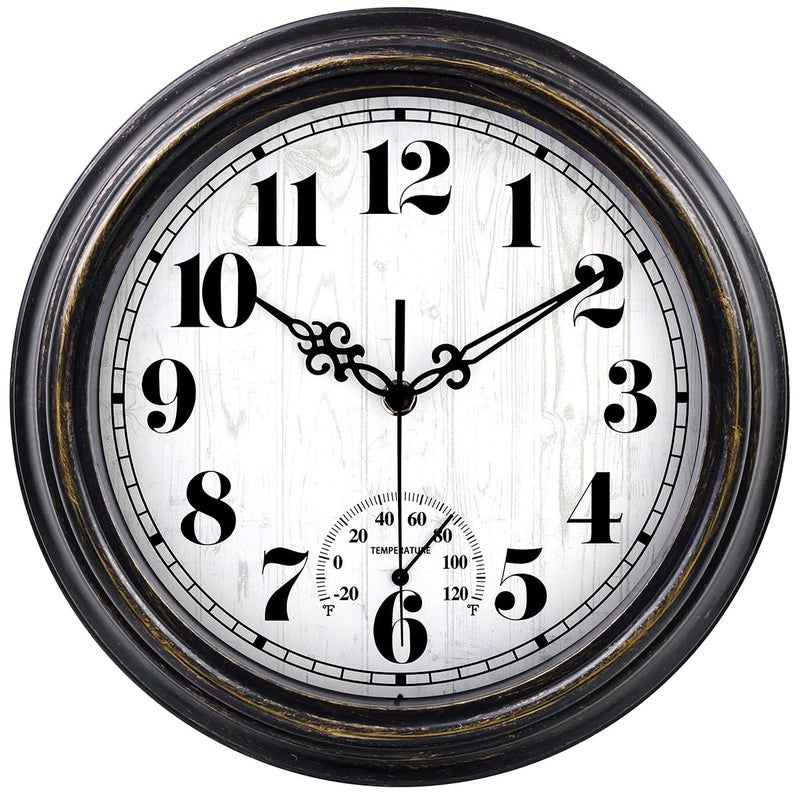 zyzamay zyzamay 12 Inch Indoor Outdoor ClocksWaterproof Wall Clock with ThermometerEasy to ReadNonTicking Battery Operated Quality Quartz Clock Decorative for PatioPorchPoolBathroomBlackGold 