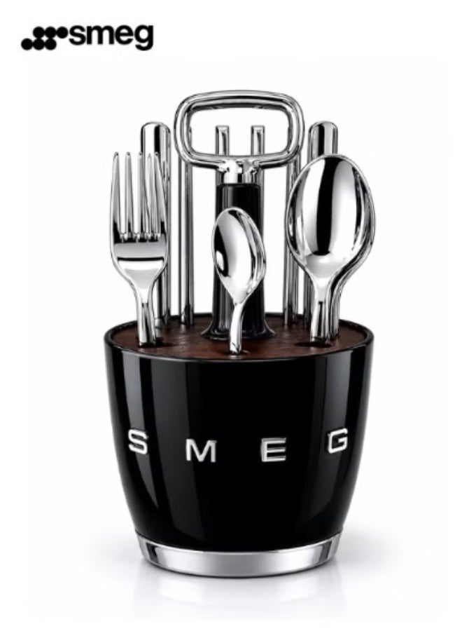 SMEG luxury Stainless Steel 24x Cutlery Set+Holder, 6-Person, Black - Image 1