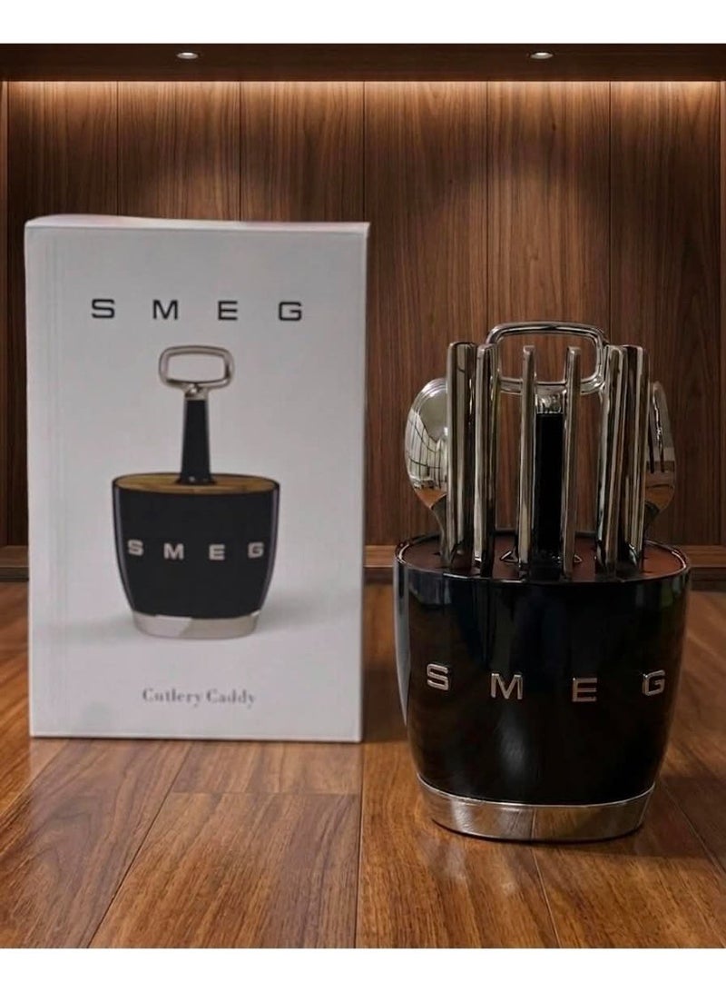 SMEG luxury Stainless Steel 24x Cutlery Set+Holder, 6-Person, Black - Image 5