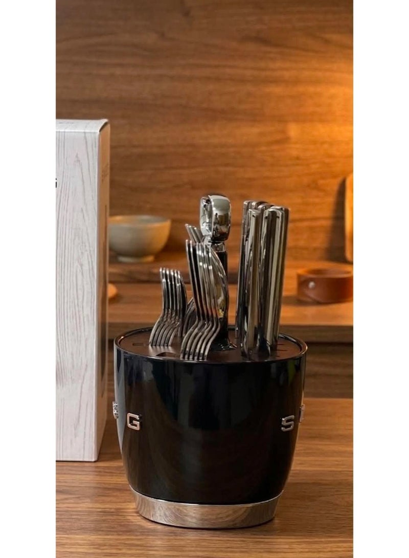 SMEG luxury Stainless Steel 24x Cutlery Set+Holder, 6-Person, Black - Image 4