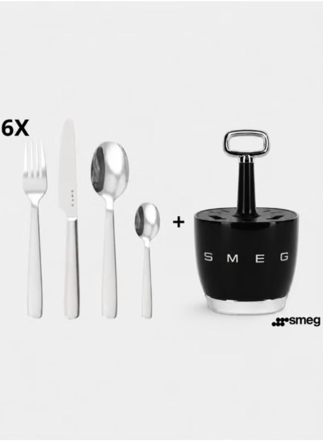 SMEG luxury Stainless Steel 24x Cutlery Set+Holder, 6-Person, Black - Image 2