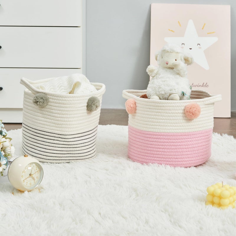 RengaoRise Small Woven Basket With Handles Pom Pom, 9.8 x 9.8 x 7.8 inch Pink-White Cotton Rope Decorative Empty Gift Basket - Image 5