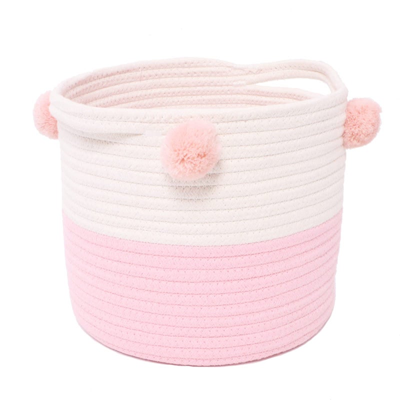 RengaoRise Small Woven Basket With Handles Pom Pom, 9.8 x 9.8 x 7.8 inch Pink-White Cotton Rope Decorative Empty Gift Basket - Image 1