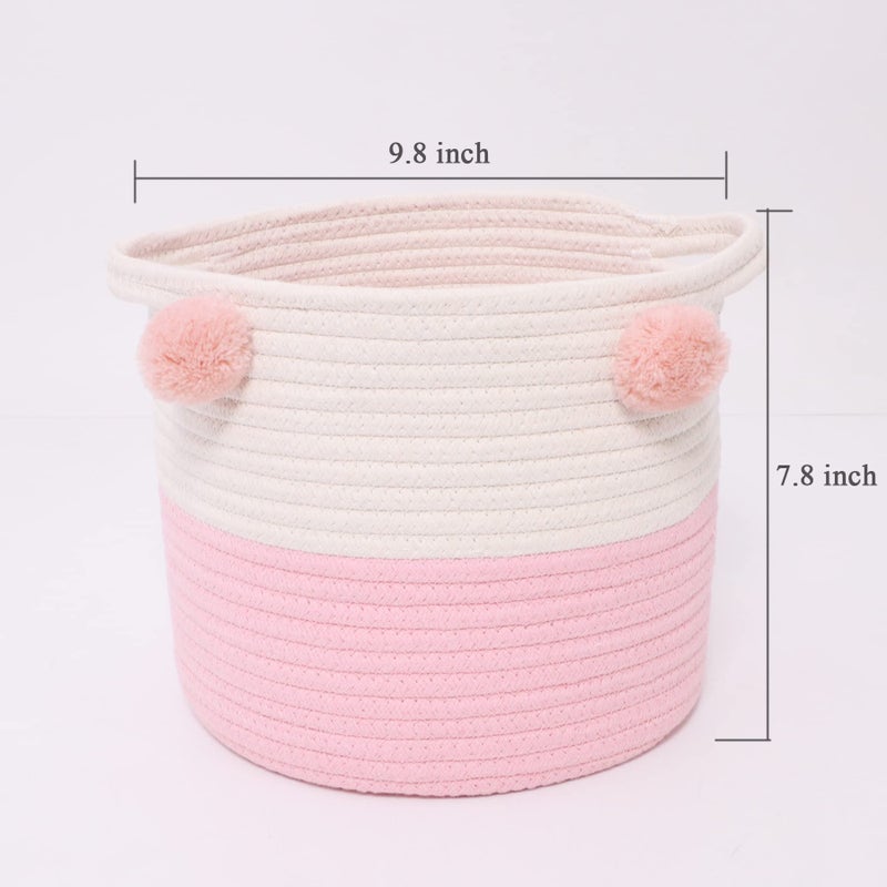 RengaoRise Small Woven Basket With Handles Pom Pom, 9.8 x 9.8 x 7.8 inch Pink-White Cotton Rope Decorative Empty Gift Basket - Image 2