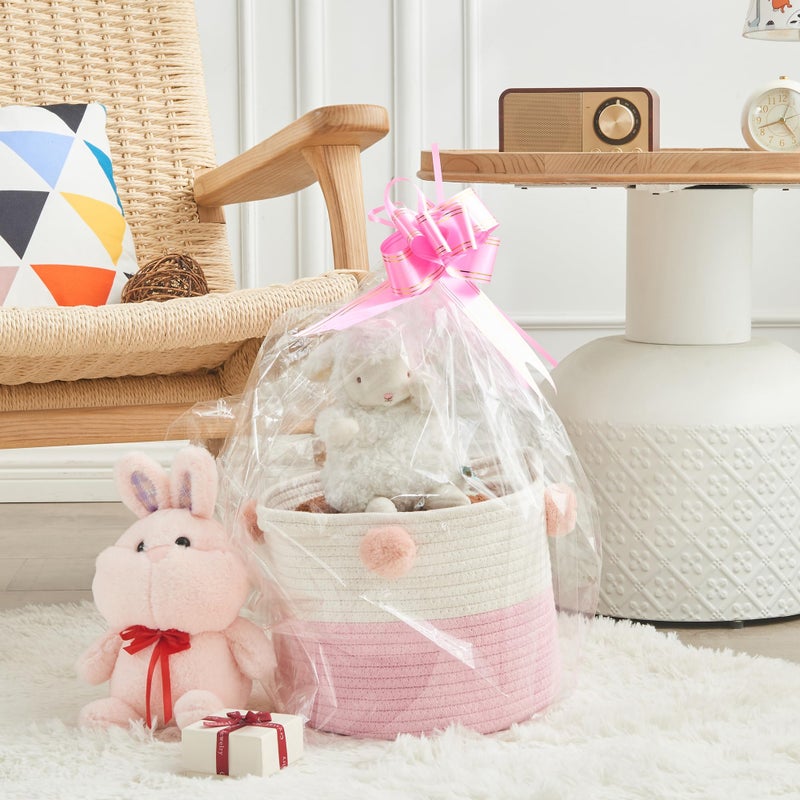 RengaoRise Small Woven Basket With Handles Pom Pom, 9.8 x 9.8 x 7.8 inch Pink-White Cotton Rope Decorative Empty Gift Basket - Image 4