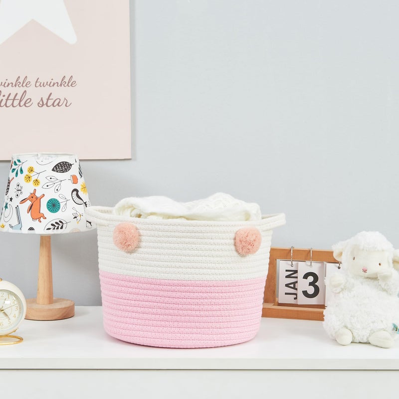 RengaoRise Small Woven Basket With Handles Pom Pom, 9.8 x 9.8 x 7.8 inch Pink-White Cotton Rope Decorative Empty Gift Basket - Image 3