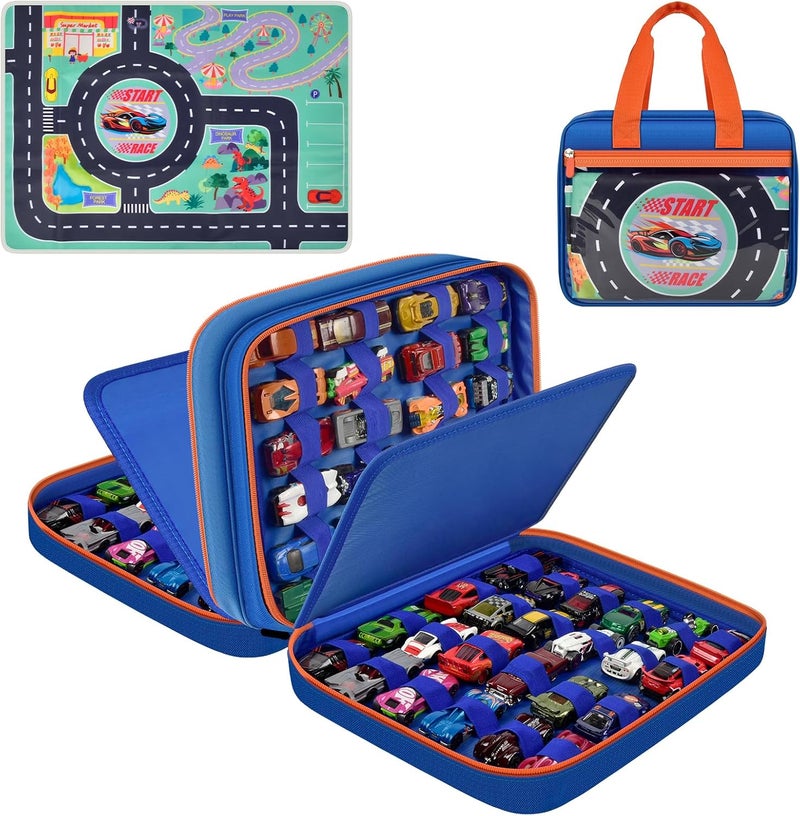 SAIKA Toy Car Storage Bag for Hot Wheels for Matchbox for LEGO for AZEN for JOYIN for Tub Works Cars Toy Car Organizer Holder with Rug Race Track Mat for 96 Mini Cars - Blue (Case Only) (Blue+Playmat) - Image 1