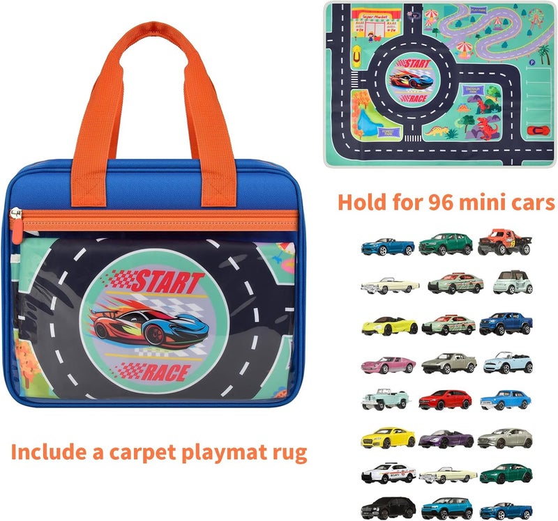 SAIKA Toy Car Storage Bag for Hot Wheels for Matchbox for LEGO for AZEN for JOYIN for Tub Works Cars Toy Car Organizer Holder with Rug Race Track Mat for 96 Mini Cars - Blue (Case Only) (Blue+Playmat) - Image 2
